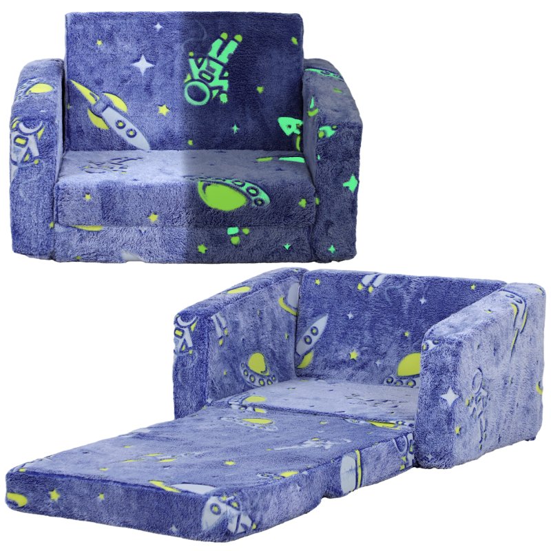 AIYAPLAY Kids Sofa Bed, 2 in 1 Kids Folding Bed Toddler Armchair with Glow in The Dark Cosmic Design, Washable Cushion and Cover, Convertible Kid Chair to Lounger for 1.5-3 Years Old, 1 Seater, Blue