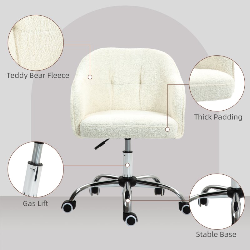 HOMCOM Office Chair, Teddy Fleece Swivel Computer Desk Chair, Makeup Vanity Seat with Adjustable Height for Home Study Bedroom, Cream White