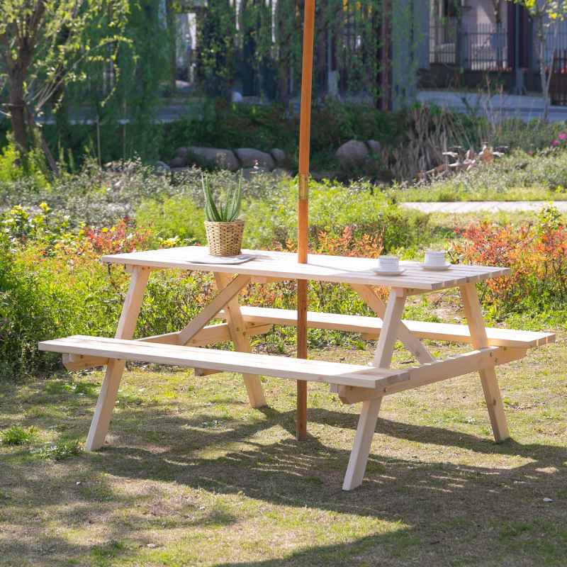 Outsunny 6 Seater Wooden Picnic Table Bench for Outdoor Garden or Patio with Parasol Cutout 150 cm Natural Wood Finish