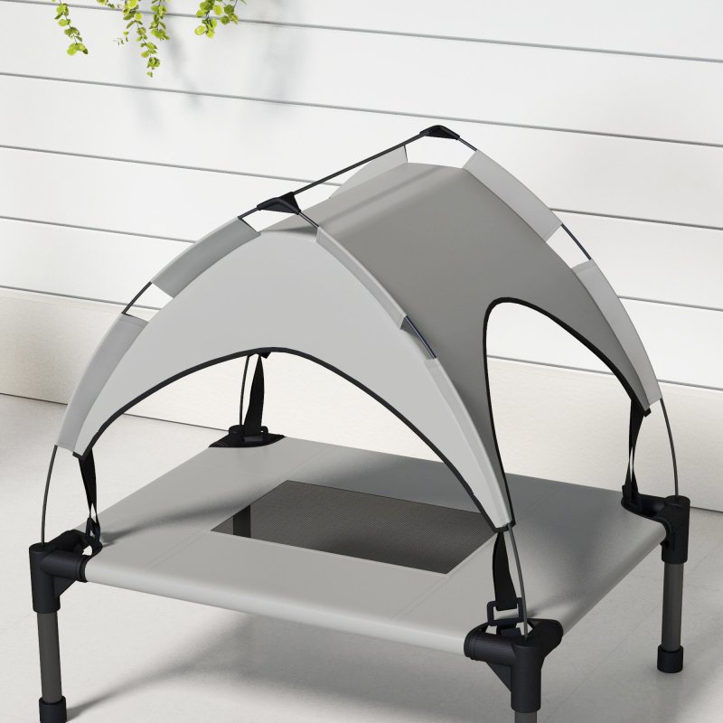 PawHut Cooling Raised Dog Bed, Elevated Pet Bed with Breathable Mesh, UV Protection Canopy, Foot Pads, for Indoor Outdoor, Mini, Small Dog, 61 x 46 x 63cm - Light Grey