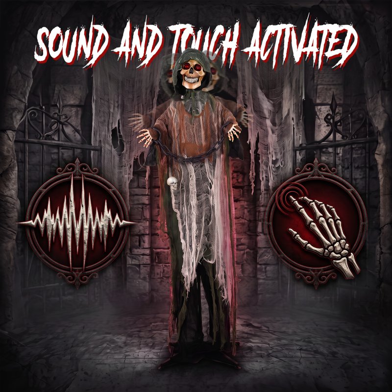 HOMCOM 170cm Animated Halloween Grim Reaper, Life-Size Halloween Animatronics with Moving Hands/Head, Glowing Eyes, Creepy Sound, Touch/Sound Activated for Covered Outdoor Yard