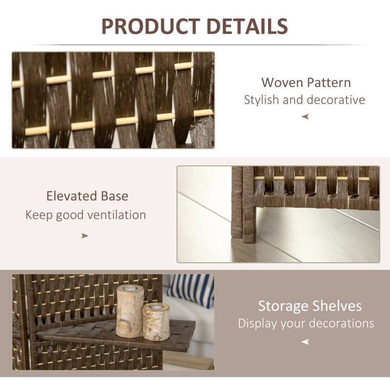 HOMCOM 4-Panel Room Dividers with Shelves, Wave Fibre Freestanding Folding Privacy Screen Panels, Partition Wall Divider for Indoor Bedroom Office, 180?cm, Brown