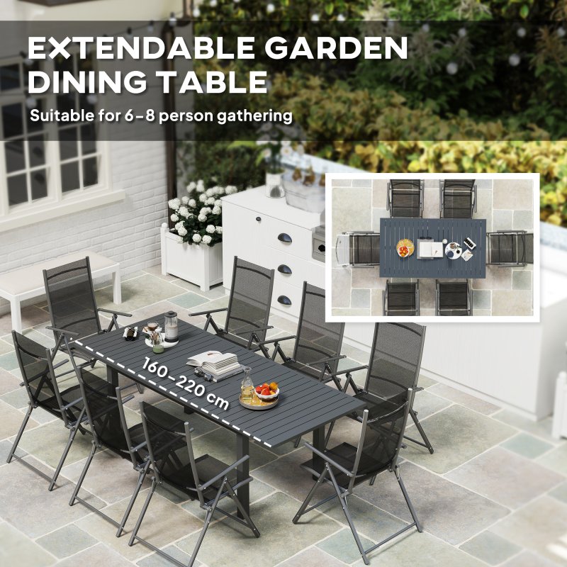 Outsunny Extending Garden Table, Full Aluminium Outdoor Dining Table with Slatted Top, for Patio, Balcony, 160/220 x 90 x 73 cm, Grey