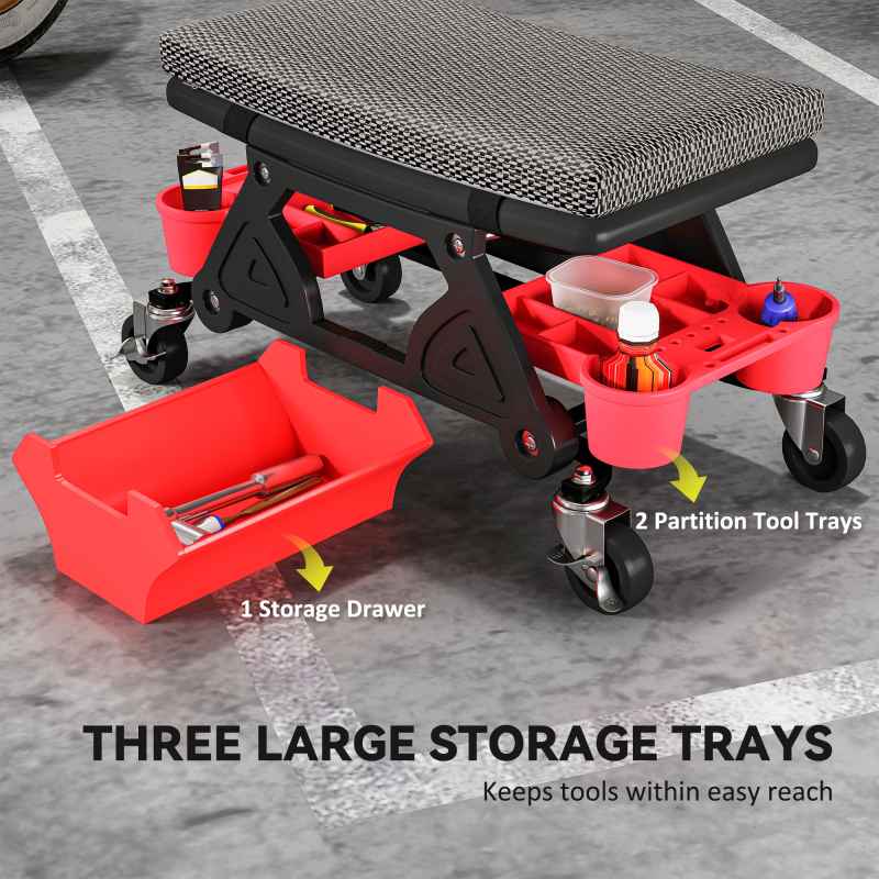 HOMCOM Rolling Mechanic Stool, 135kg Capacity Workshop Stool, 360 Swivel Roller Padded Creeper Seat with Wheels, Slide Out Tool Trays and Drawer for Garage, Shop, Auto Repair, Black