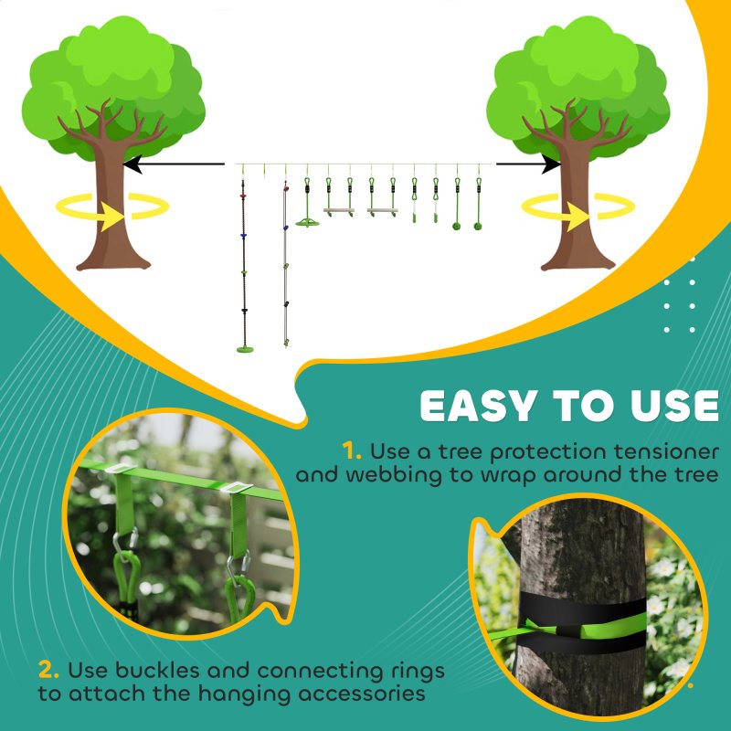 AIYAPLAY Obstacle Course for Kids, 32.8ft 10 Piece Zip Line Stackline for Kids, with 2 Monkey Bars, 2 Gym Rings, Rope Ladder, Nest Swing, Tree Protector, 2 Bags, Hanging Tray, 2 Rope Knots