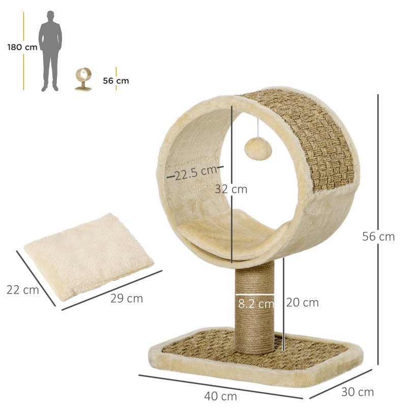 PawHut 56cm Small Cat Tree for Indoor Cats with Scratching Post, Kitten Tower with Tunnel, Toy Ball, Cushion - Beige