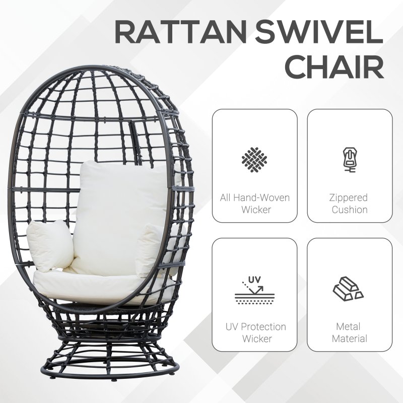 Outsunny 360?? Swivel Egg Chair, Garden Rattan Swivel Chair with Thickened Cushion and Pillow, 150 KG Capacity for Indoor Outdoor, Balcony, Patio, Black