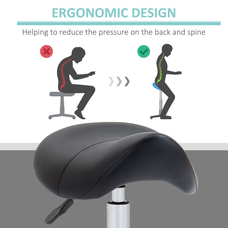 HOMCOM Cosmetic Stool 360?? Rotate Height Adjustable Salon Massage Spa Chair Hydraulic Rolling Faux Leather Saddle Stool Mobility, Black