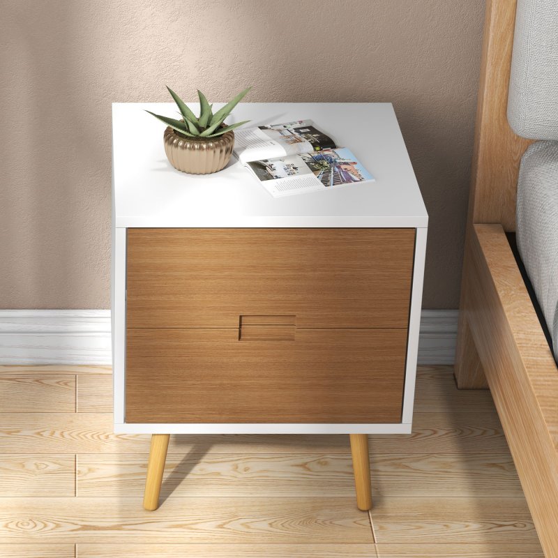 HOMCOM Bedside Table, Modern Nightstand with 2 Drawers, Small Sofa End Table with Storage and Solid Wood Legs for Bedroom, Living Room, Brown