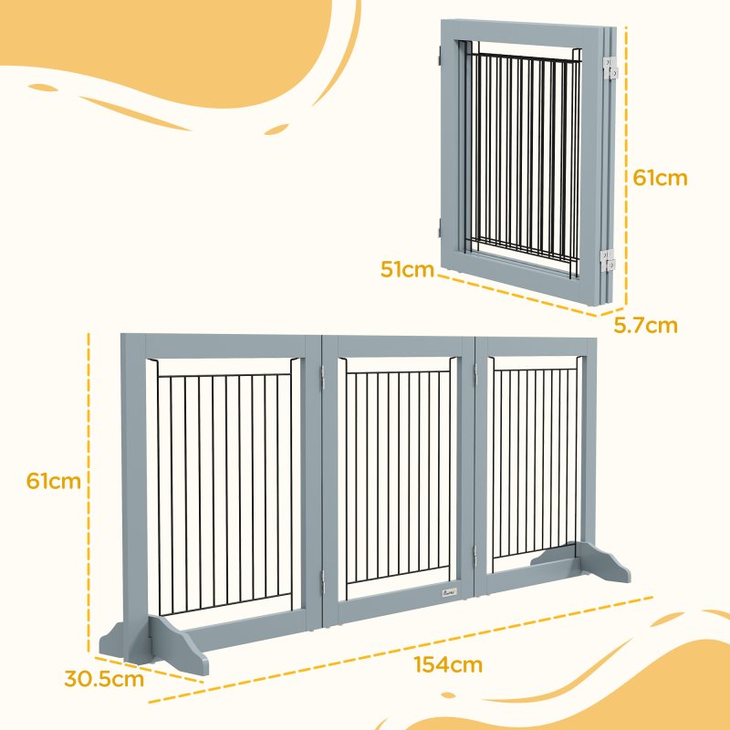 PawHut Freestanding Dog Cate, Foldable Wooden Pet Gate with  - 61cm Tall, for Stairways, Doorways, Hallways, Small Dogs - Grey