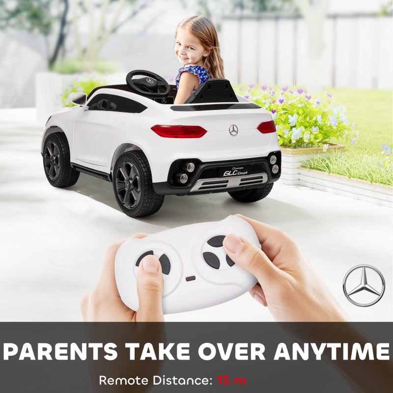 AIYAPLAY Mercedes-Benz GLC Coupe Licensed Kids Ride on Car, 12V Battery Powered Kids Electric Car with Remote Control, Soft Start, LED Light, Music, MP3, 3 Speed, for 3-6 Years, White