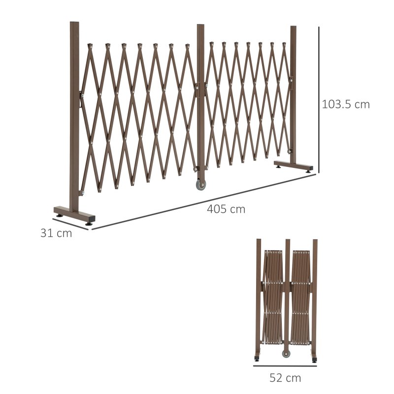 Outsunny Expanding Fence Panel, Freestanding Aluminium Alloy Trellis Fence with Movable Scissor Grid and Wheel, 52-405cm Foldable Decorative Garden Fence for Patio Pet Safety, Dark Brown