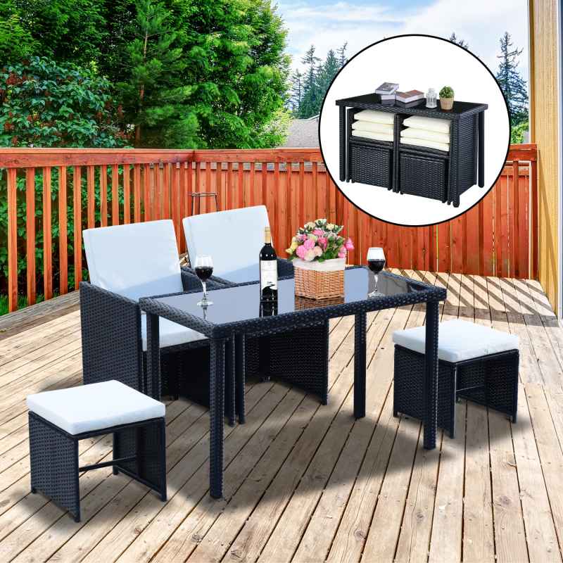 Outsunny 2 Seater Rattan Cube Garden Furniture Set, Rattan Dining Set with Cushions, Outdoor Dining Table and Chairs with 2 Armchairs, 2 Stools, Rectangular Glass Top Table for Patio, Balcony