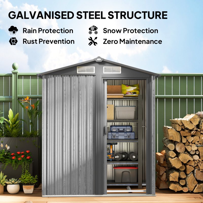 Outsunny 5ft x 4ft Garden Shed, Metal Tool Storage Shed with Sliding Door, Sloped Roof and Foundation Kit for Garden, Patio, Grey Wood Effect