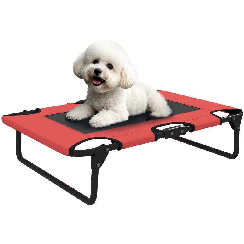 PawHut Raised Dog Bed, Portable Elevated Pet Cot with Breathable Mesh for Indoor Outdoor, for Small Medium Dogs, 75 x 51 x 18 cm, Red