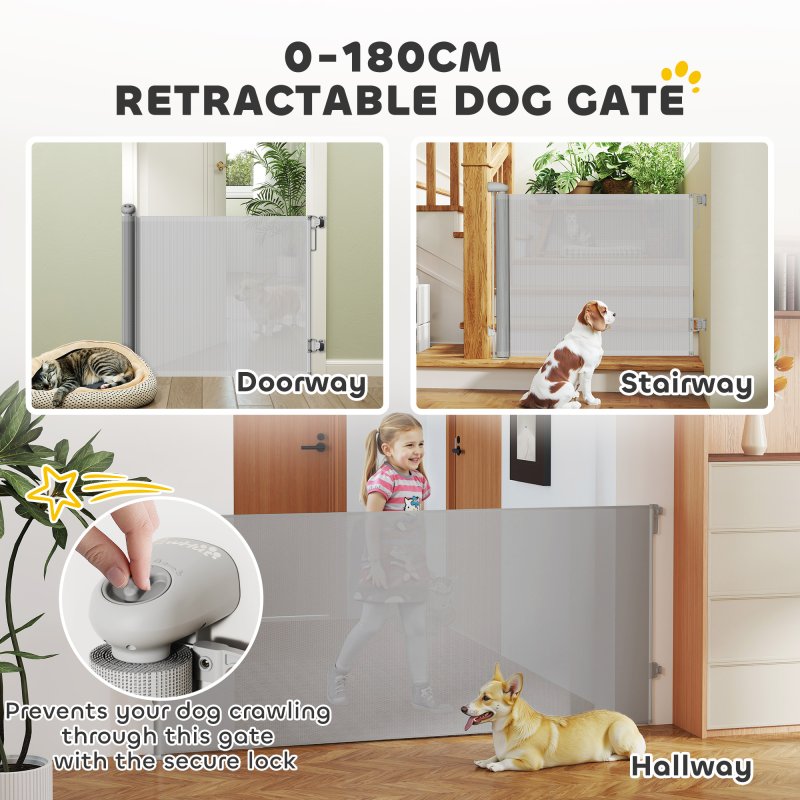 PawHut Retractable Stair Gate for Dogs, Extra Wide Dog Gate Extends Up to 180 cm Wide, 86.5 cm Tall, for Doorways, Stairways, Hallways, Indoor and Outdoor, Grey
