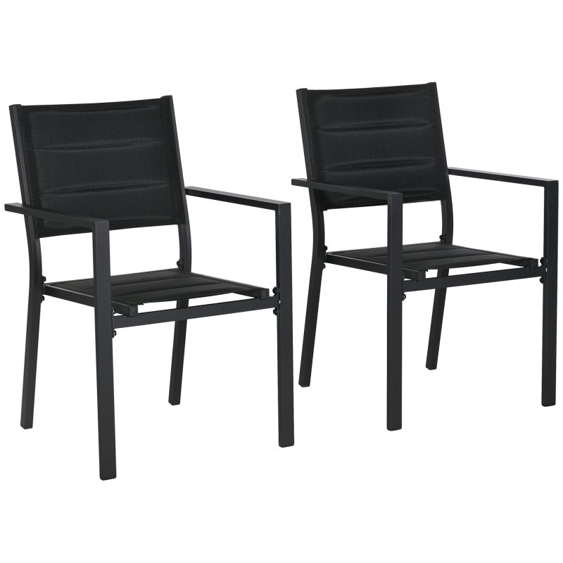 Outsunny 2 Pieces Garden Dining Chairs, Aluminium Outdoor Armchair for 2 with Breathable Mesh Fabric, Stackable Design, Black