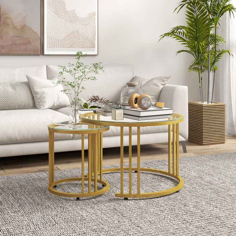 HOMCOM Nest of Tables, Round Coffee Tables Set of 2 with Tempered Glass Top and Steel Frame for Living Room, Gold Tone