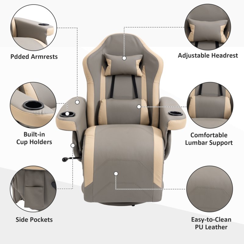 HOMCOM Reclining Gaming Chair, 360° Swivel Racing Video Gaming Manual Recliner with Footrest, Headrest and Cup Holder, PU Leather Armchair with Storage Pocket, Grey