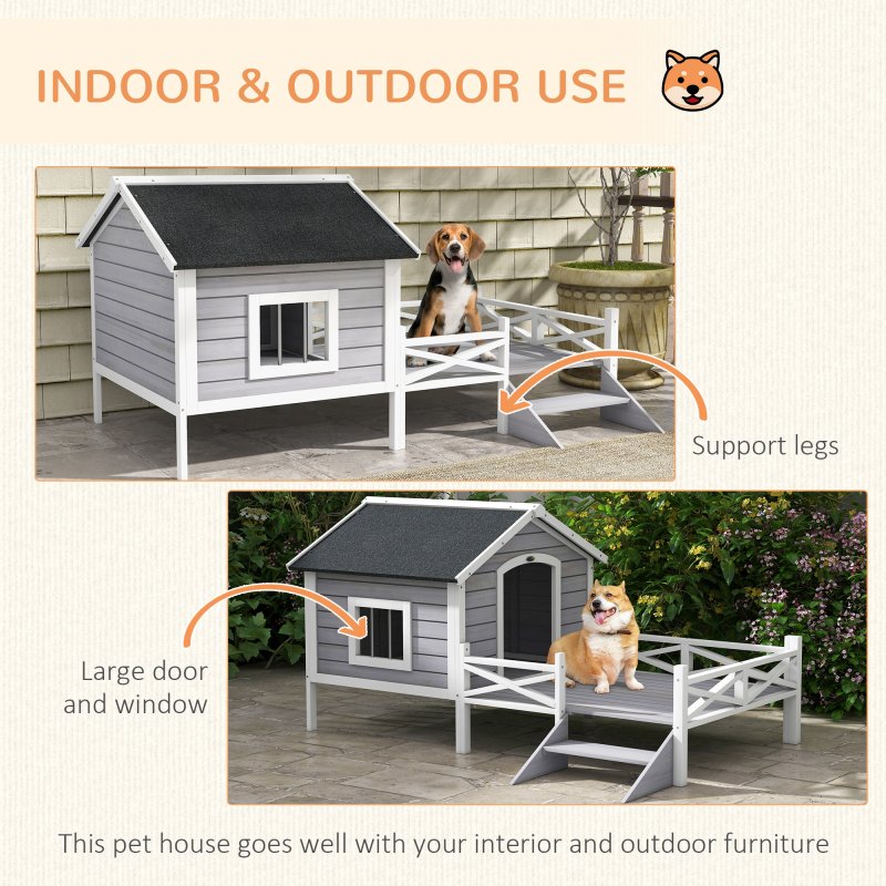 PawHut Outdoor Dog House with Porch, Wooden Dog Kennel with Water-resistant Asphalt Roof, Ladders, Fencing, Window, for Small and Medium Size, Grey