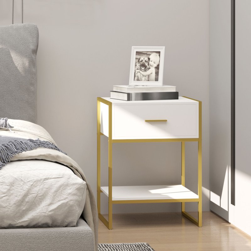 HOMCOM Bedside Table with Storage Drawer and Open Shelf, Modern Nightstand, Side Table with Metal Frame for Bedroom, Living Room, White