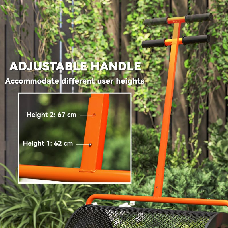 Outsunny Compost Spreader, 24" Peat Moss Spreader with Height Adjustable T Shaped Handle and Metal Mesh Basket, Garden Spreader for Seeding, Spreading Manure, Orange