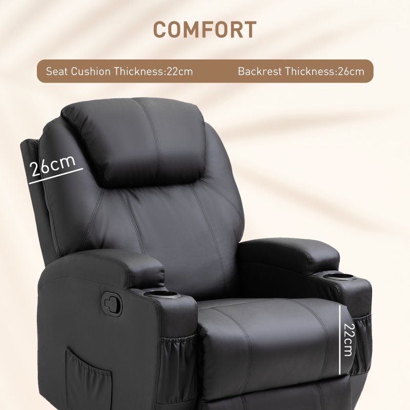 HOMCOM Recliner Chair, Recliner Massage Rocker Chair with 360° Rotate, 165° Reclining Function, Adjustable Footrest, Swivel Armchair Single Sofa for Living Room with Drink Holders, Side Pockets, Black