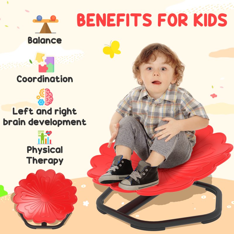 AIYAPLAY Kids Spinning Chair for Autism, Sensory Swivel Chair for ADHD Children, Flower Shaped Sit and Spin Wobble Chair with Metal Base & Non-Slip, Sensory Balance Toy for 3-8 Years Old, Red