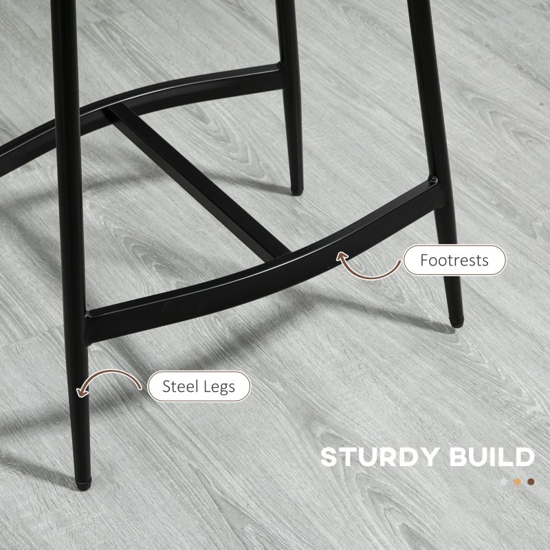 HOMCOM Breakfast Bar Stools Set of 2, Microfibre Upholstered Barstools, Industrial Bar Chairs with Curved Seat and Steel Frame for Dining Room, Kitchen, Brown