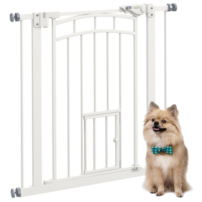 PawHut Dog Stair Gate Pet Barrier with Small Cat Door, Pressure Fit Safety Gate  with Auto Closing System, Double Locking, for Hallways - White
