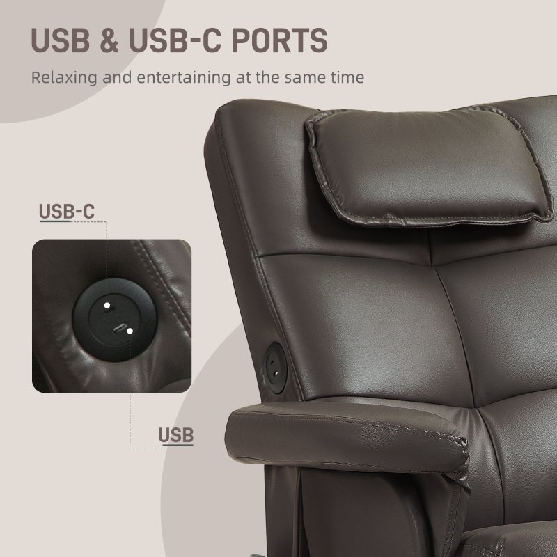 HOMCOM Massage Recliner Chair, PU Leather Upholstered Armchair with Adjustable Backrest,  Footrest, Remote Control, Hidden Storage and Charger for Living Room, Bedroom, Dark Brown