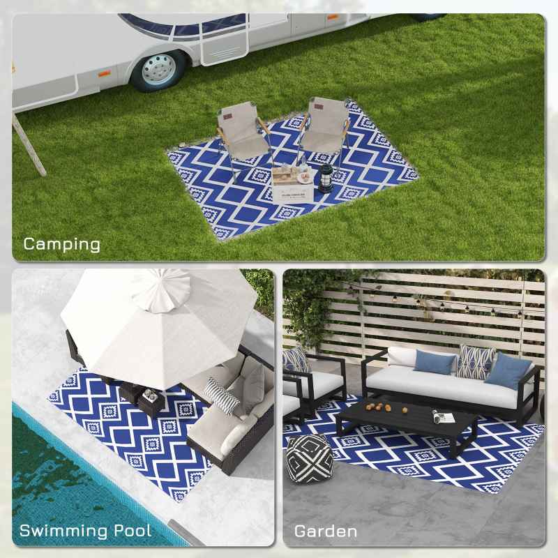 Outsunny Reversible Outdoor Rug with Carry Bag, Waterproof Plastic Straw Mat for Garden, Deck, RV, Picnic, Beach, Camping, 182 x 274cm, Blue and White