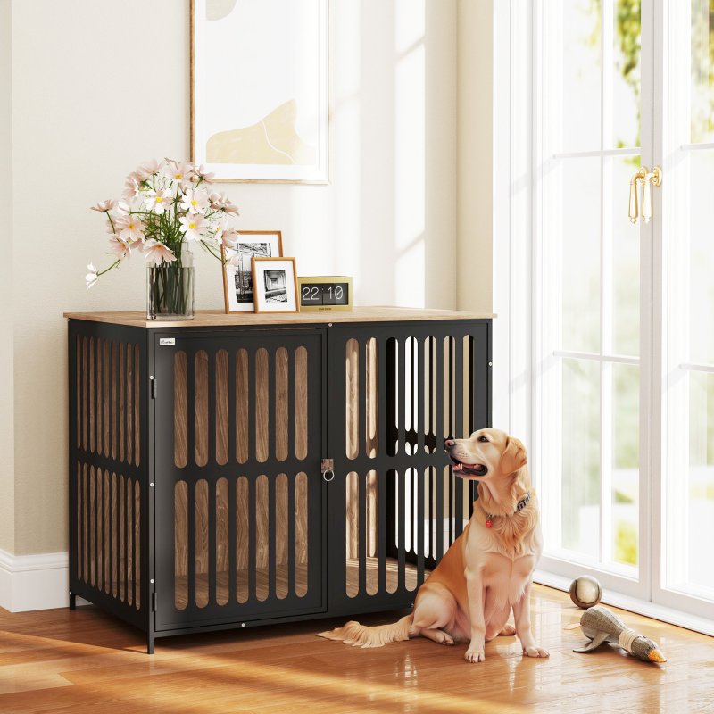 PawHut Dog Crate Furniture, Dog Cage Side End Table Indoor with Anti-Chew Resistant Mesh, Anti-Escape Door, for Large Pet, 100 x 60 x 81.5 cm, Walnut Brown