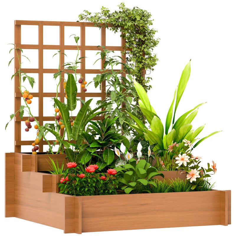 Outsunny 3 Tier Planters with Trellis for Vine Climbing, Wooden Raised Beds for Garden Patio, Outdoor Planter Box for Vegetables, Flowers, Herbs, Brown
