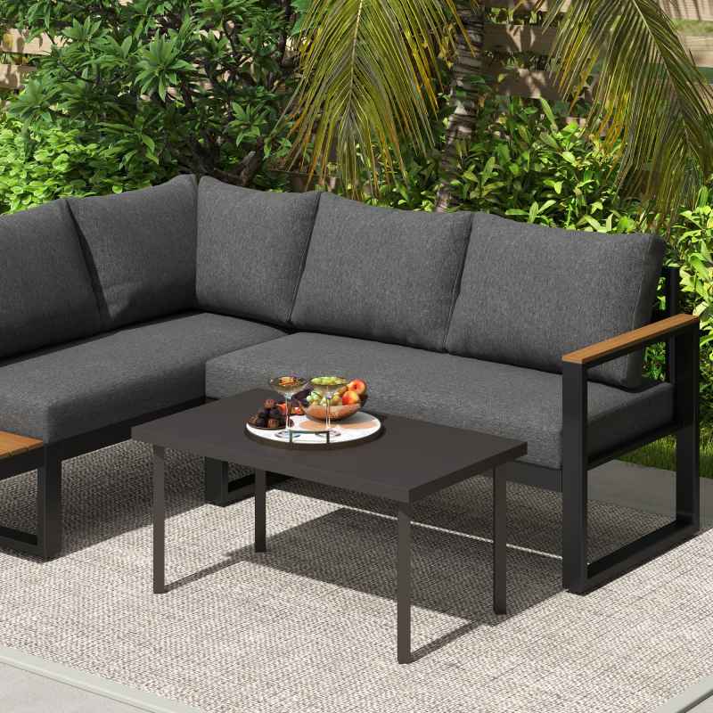 Outsunny Metal Garden Coffee Table, Rectangular Outdoor Side Table with Woodgrain Tabletop, Foot Pads for Outside, Garden, Balcony, Porch, 95 x 55 x 46cm, Brown