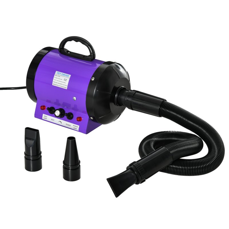 PawHut Dog Hair Dryer Pet Grooming Blaster Dryer Blower Adjustable Temperature Speed with 2.1M Flexible Hose 3 Nozzles - Purple