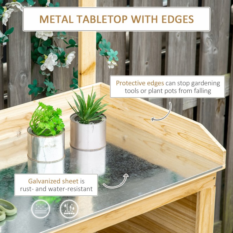 Outsunny Garden Potting Bench Table, Wooden Workstation Bench w/ Galvanized Metal Tabletop, Storage Shelves and Hooks for Patios, Courtyards, Balcony