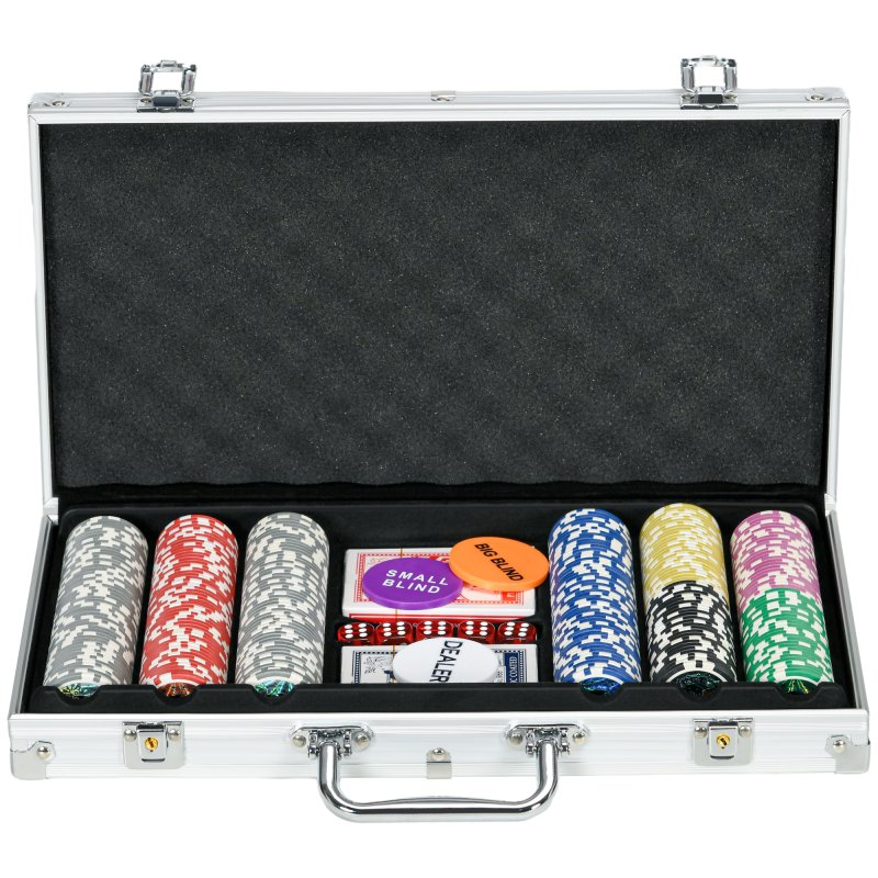 SPORTNOW 300-Piece Poker Chips Set with Aluminium Case, Holdem Poker Set with Mat, 11.5g Numbered Poker Chips, Two Decks of Cards, Dealer, Five Dices