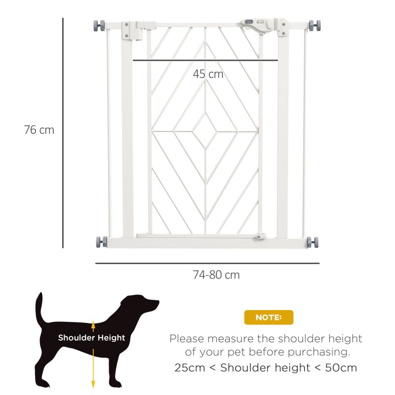 PawHut Pressure Fit Safety Gate for Doorways and Staircases, Dog Gate with Auto Closing Door, Pet Barrier for Hallways with Double Locking, Openings 74-80cm - White