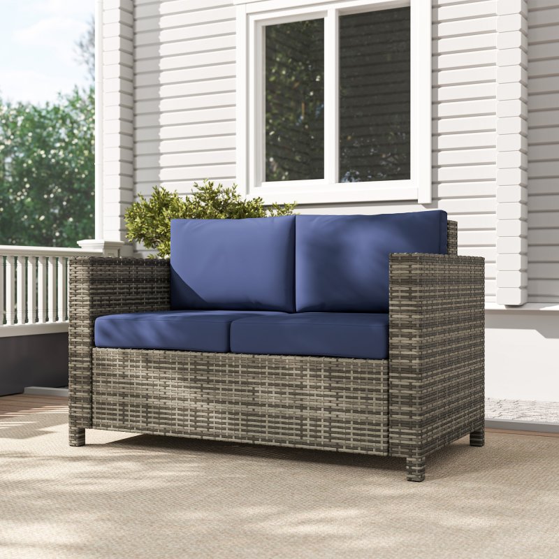 Outsunny Rattan Sofa, 2 Seater Garden Furniture with Soft Padded Cushion and Armrests, Wicker Garden Loveseat for Patio, Navy Blue
