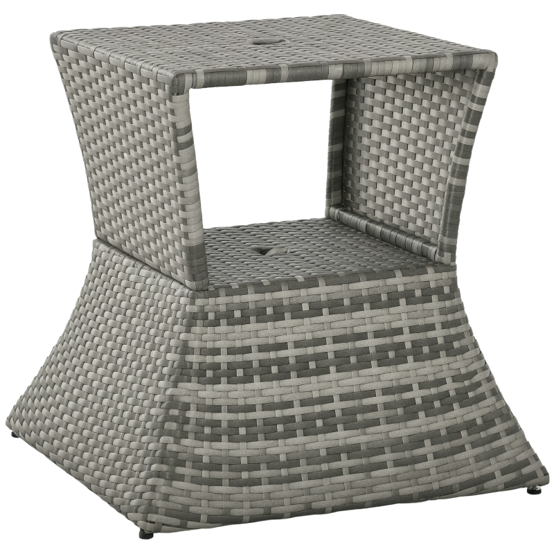 Outsunny Rattan Outdoor Coffee Table, Wicker Garden Patio Bistro Side Table with Umbrella Hole and Storage Space for Balcony, Porch, Grey