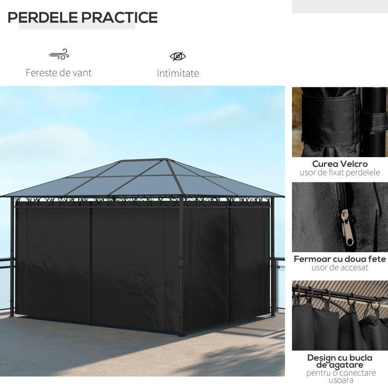 Outsunny 3 x 4m Hardtop Gazebo Canopy with Polycarbonate Roof, Permanent Pavilion Garden Gazebo with Curtains for Patio, Deck, Grey