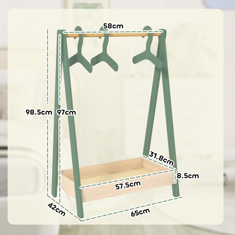 CHINESE AIYAPLAY Kids Clothes Rail, Children Dress Up Rail with 3 Hangers, Bottom Storage Shelf, Gift for Girls, Boys, Nursery, Bedroom, Green