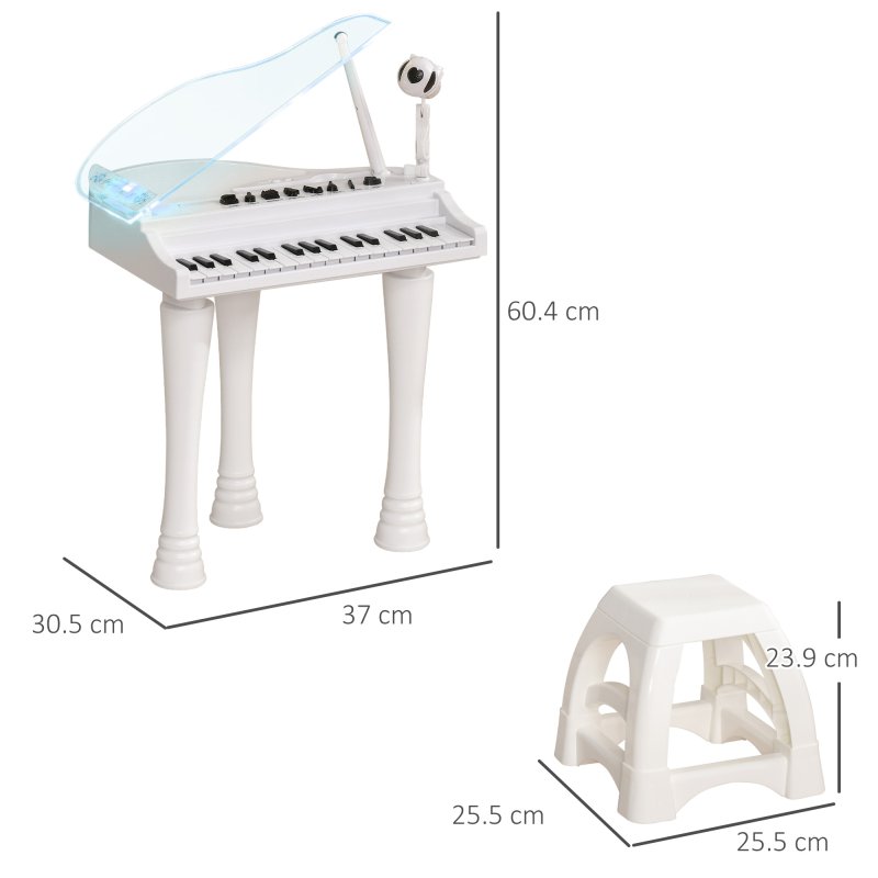 AIYAPLAY 32 Keys Kids Piano Keyboard with Stool, Lights, Microphone, Multiple Sounds, Removable Legs, Electronic Musical Instrument for Boys Girls, White
