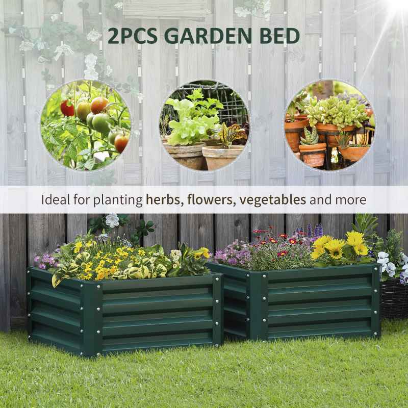Outsunny Set of 2 Raised Garden Bed, Outdoor Planter Box with Galvanised Steel Frame for Growing Vegetables, Flowers and Herbs, 60 x 60 x 30.5 cm, Green