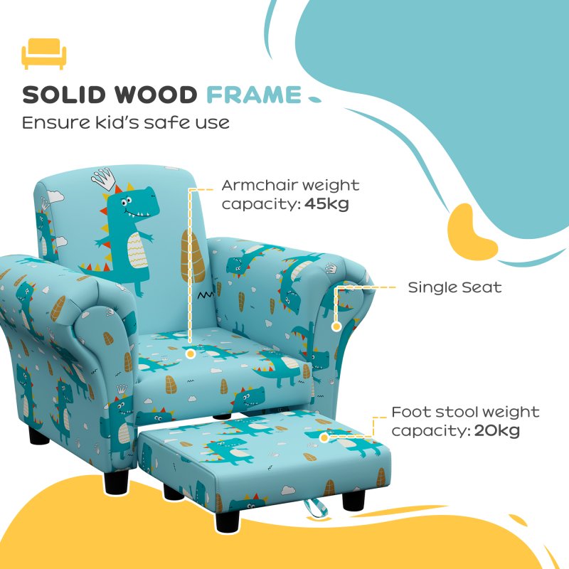AIYAPLAY Kids Armchair with Stool, 2 Piece Kids Sofa Set with Dinosaur Design, Wooden Frame, Upholstered Kids Chair for Bedroom, Playroom, Kid Room, for 1.5-3 Years Old, Blue