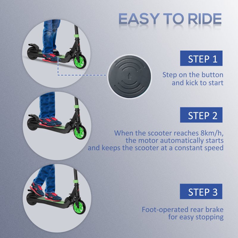 HOMCOM Kids Folding Electric Scooter Adult E Scooter, 120W, with Adjustable Height and Rear Wheel Brake, 8km/h Maximum Speed, for Children Ages 6-12 Years Old, Green