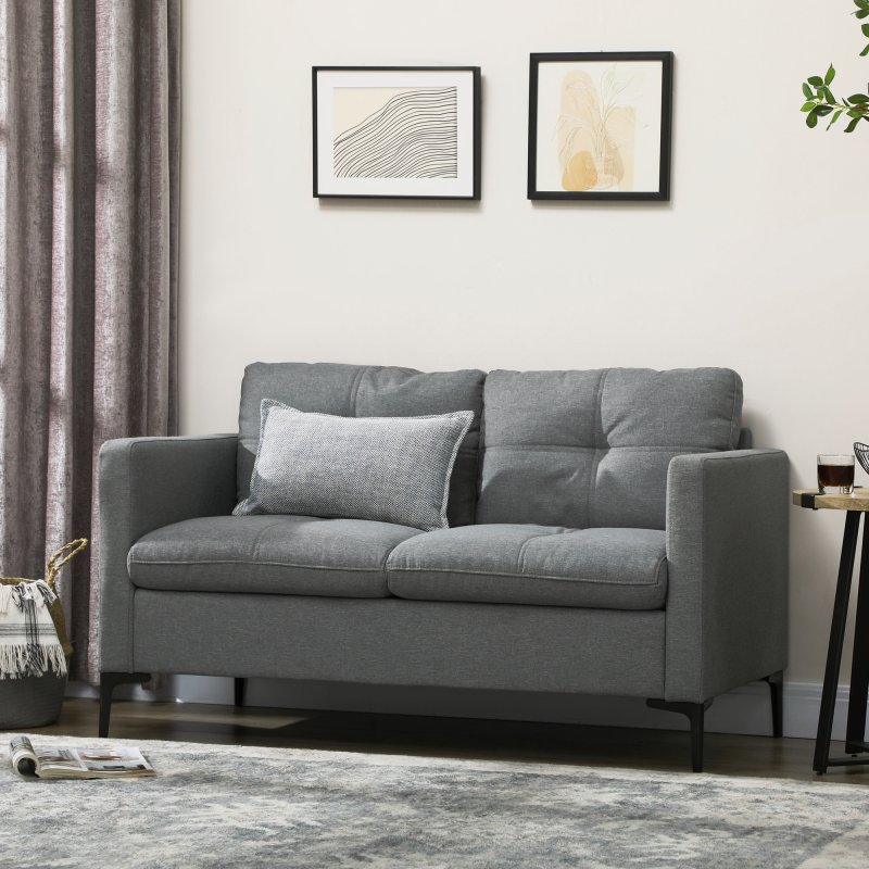 HOMCOM 2 Seater Sofa for Living Room, 133cm Loveseat Sofa, Modern Fabric Couch with Steel Legs for Bedroom, Dark Grey