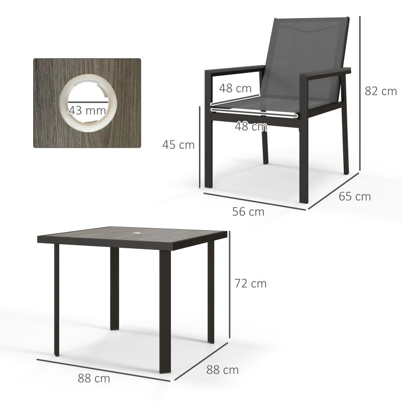 Outsunny 5 Pieces Garden Dining Set with Glass Top Dining Table, Outdoor Patio Table and 4 Armchairs with Texteline Fabric Seats and Backrest, Wood-plastic Composite Armrests Top, Grey