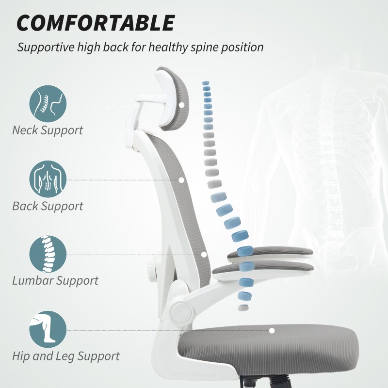 HOMCOM Executive Office Chair, Ergonomic Mesh High Back Desk Chair with Flip-up Armrest, Rotatable Headrest, Adjustable Lumbar Support for Home Study, Grey